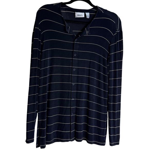 Chico's Travelers Top Women Medium Striped Long Sleeve Vacation Nautical Preppy - Picture 1 of 14